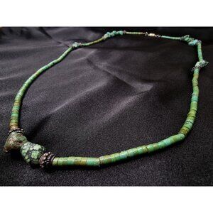 Vintage Long Turquoise Beaded Necklace With Sterling Silver Accents
